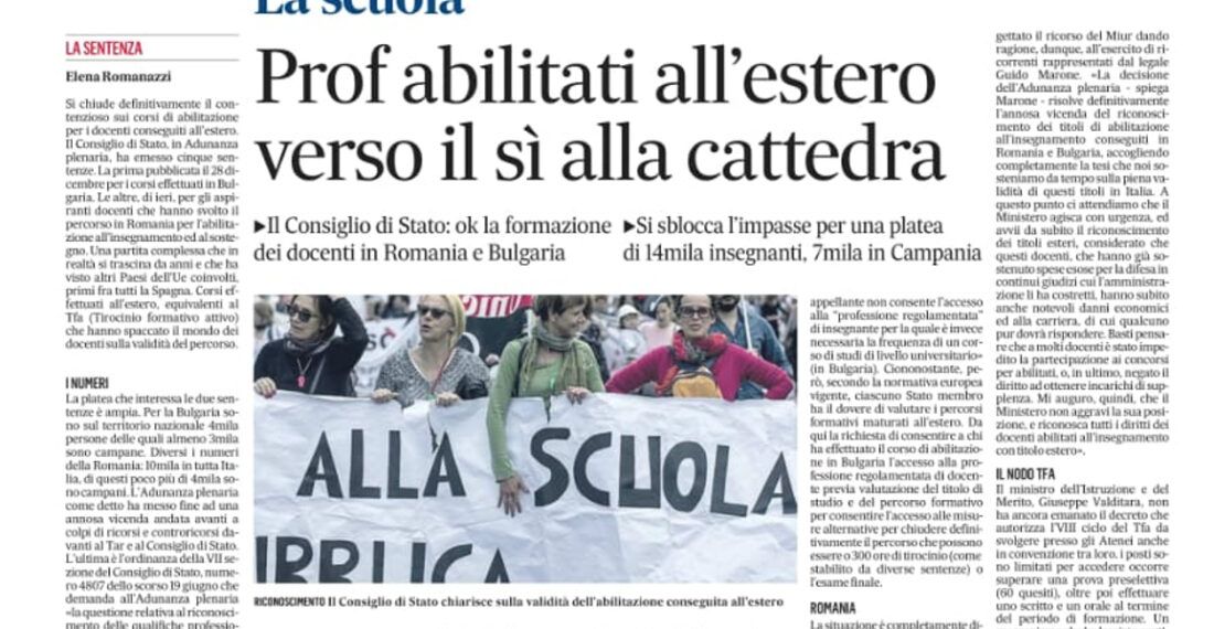 Adunanza plenaria – Prof abilitati all’estero verso il sì alla cattedra